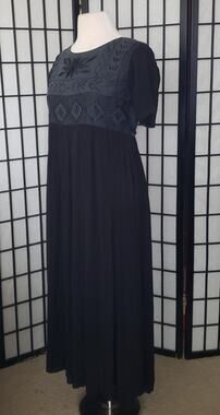 Vintage 90s Black Rayon Maxi Dress Embroidered Yoke India Boho Goth S